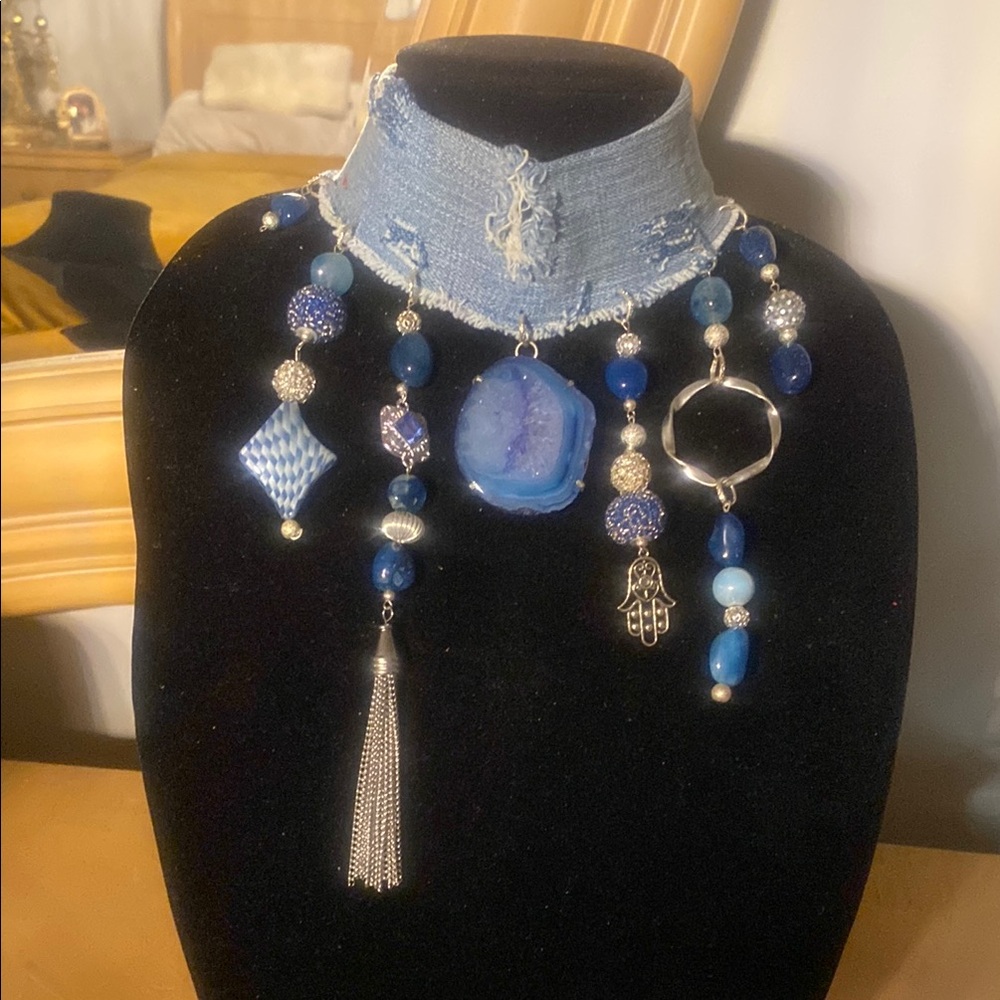 Blue Beaded Denim Choker Necklace